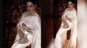 Rekha Stuns in Ivory Banarasi Saree at 